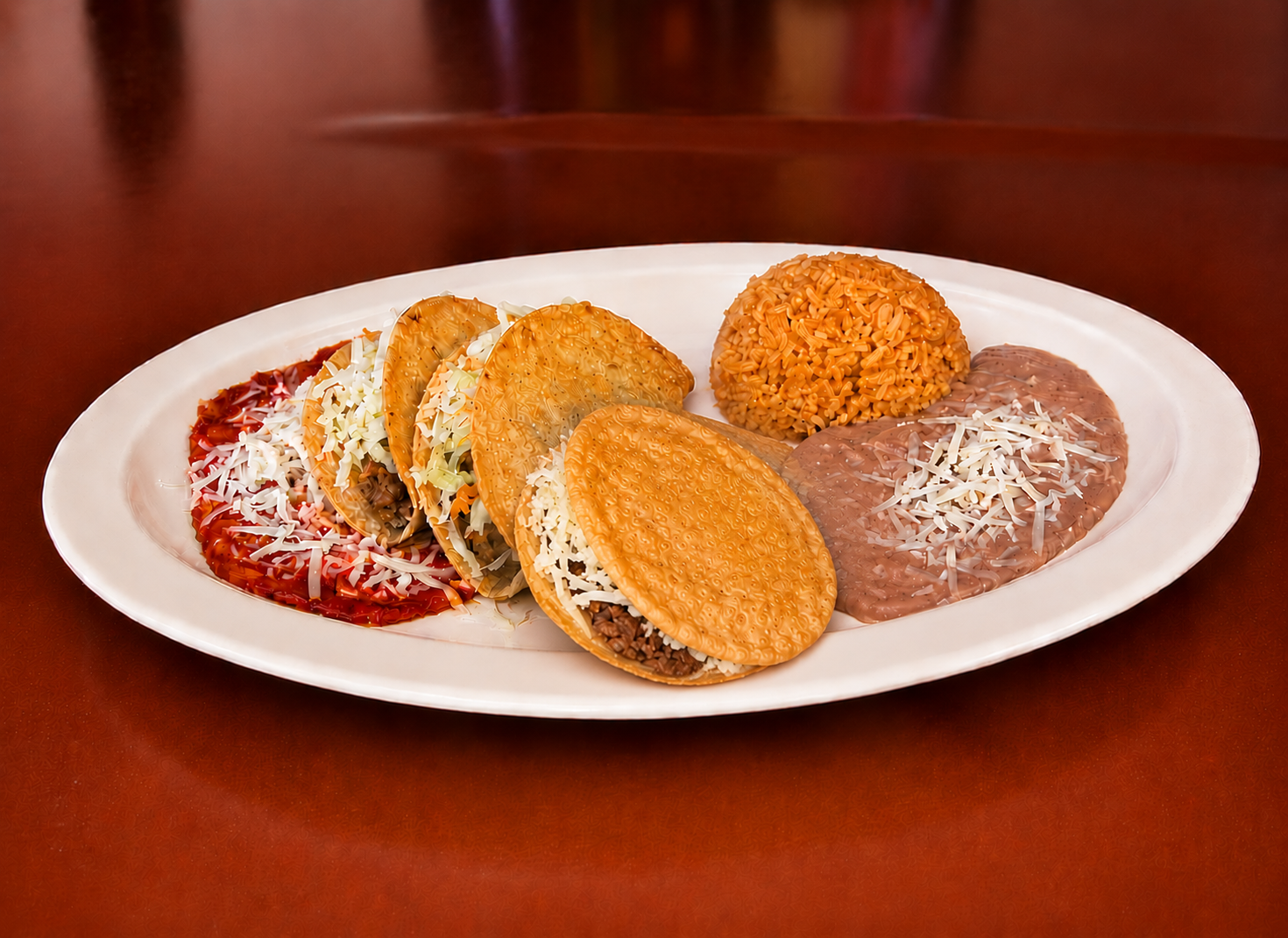 Plato Mexicano with flautas, rice, beans and red chile sauce